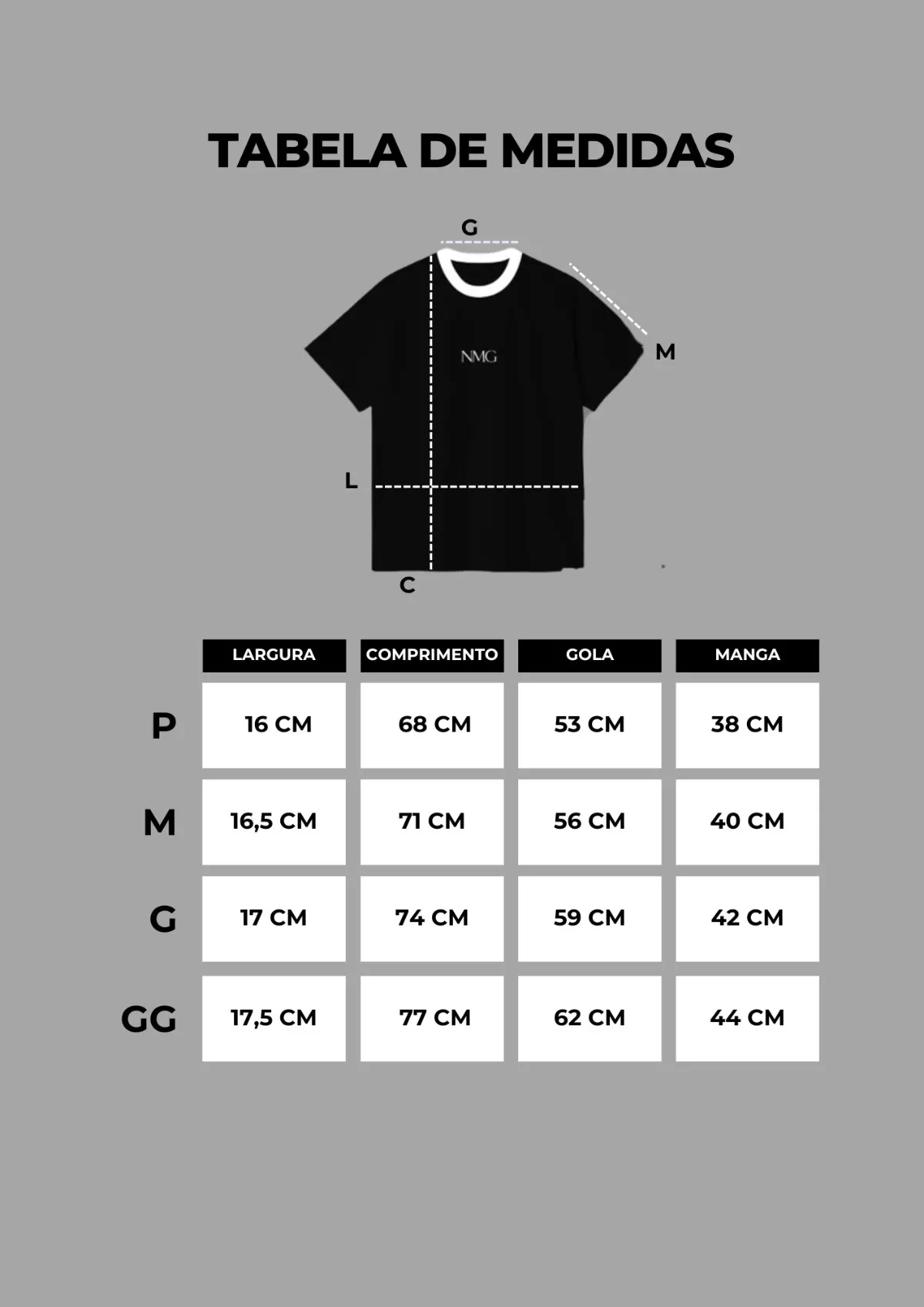 Guia de medidas — T-SHIRT NMG (preta)